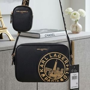 Karl Lagerfeld Paris Maybelle Crossbody Camera Bag with Pouch - Black/Gold NWT